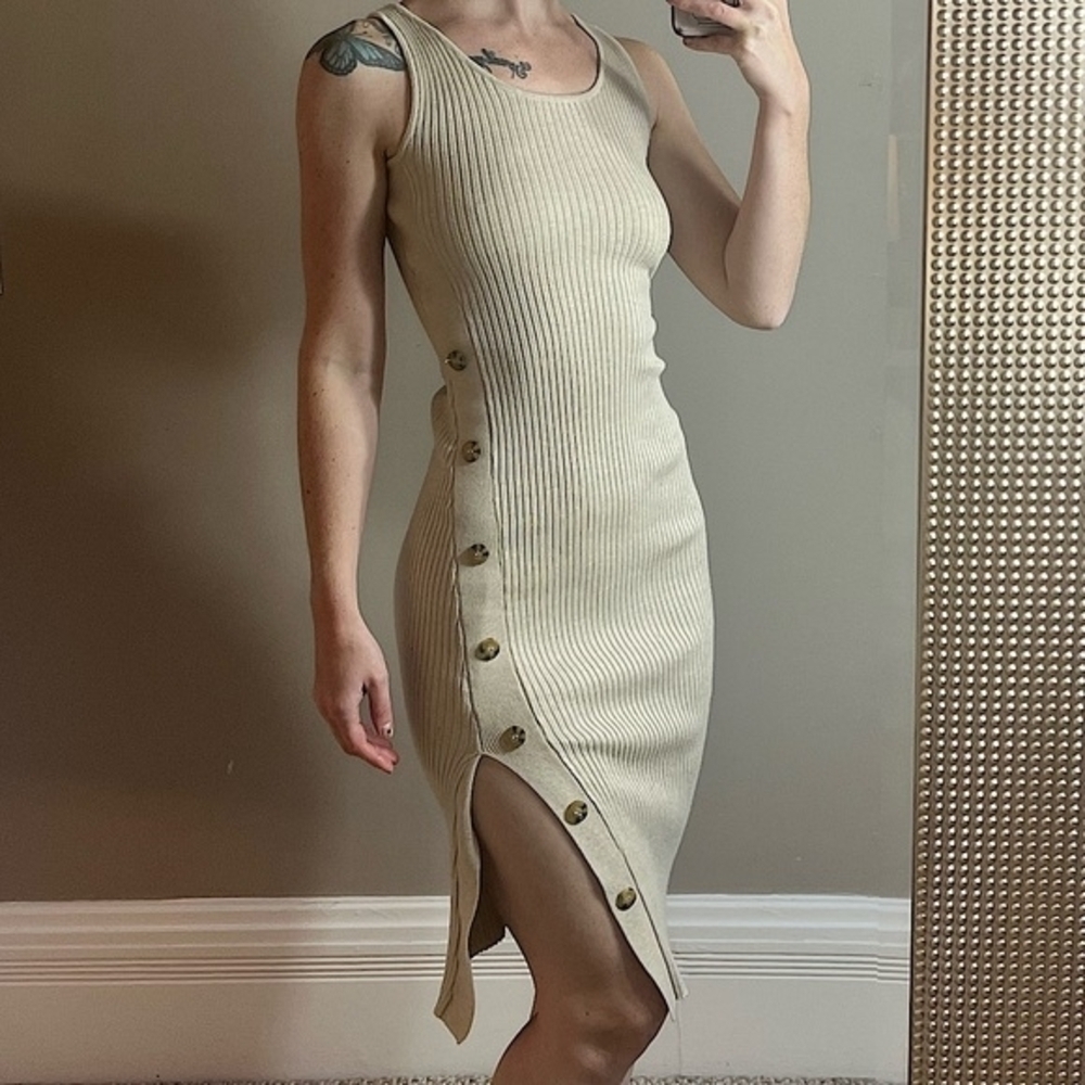 Pink Rose Asymmetrical Beige Button-Accent Dress